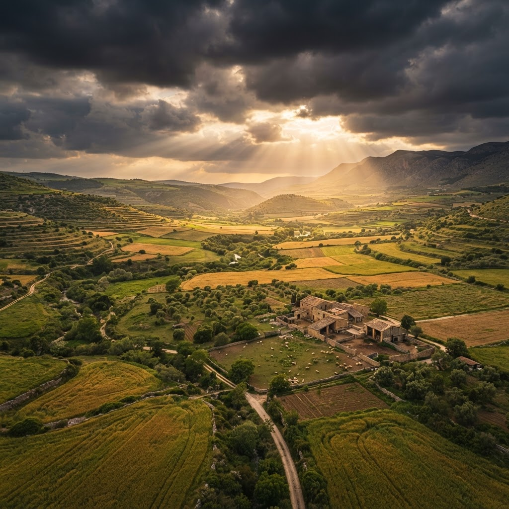 A lush pastoral valley at golden hour symbolizing the land of Goshen